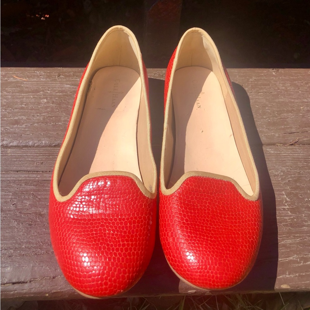 Cole Haan Orange Textured Leather Slip-On Flats with Khaki Trim